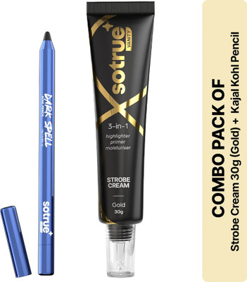Sotrue Kajal Pencil & Strobe Cream Combo | Smudgeproof Kajal & Instant Glow  Highlighter(Gold)