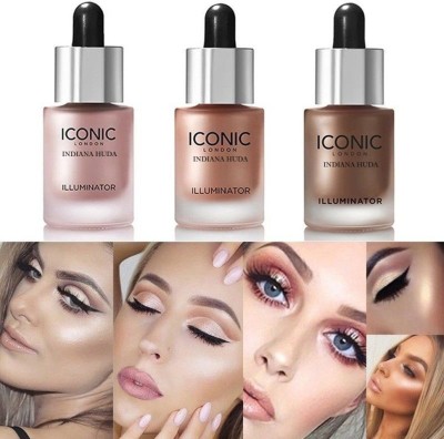 INDIANA HUDA Pack of 3 London Iconic illuminator liquid highlighter for face glow And Body Highlighter(ORIGINAL (Champagne Shimmer)+GLOW (Terracotta Bronze)+SHINE (Pink Pearl))