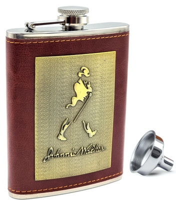 VIOVI Johnnie Walker Hip Flask (8oz) Genuine Leather Wrapped with Funnel Stainless Steel Hip Flask(230 ml)
