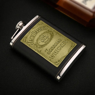VariousEye Black Genuine Leather Wrapped 
 Whiskey Hip Flask 8oz Alcoholic Drink Stainless Steel Hip Flask(236 ml)