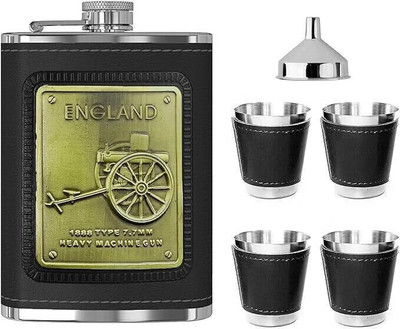XPEDITION XPERTS 9 OZ Leather Hip Flask with England Metal Plate+4 Shot Glass+1 Funnel Stainless steel Hip Flask(270 ml)
