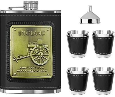 WBD Flat Liquor Hip Flask 8 Oz Black with Brass Logo 1 Funnel 4 Steel Glass for Wine Stainless Steel Hip Flask(230 ml)