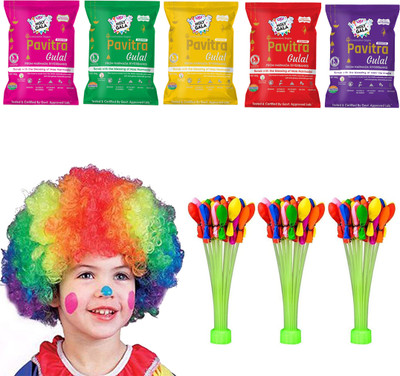 bandhan Water Balloon Bunch(111), 5 Holi Colors & Hair Wig Holi Color Powder Pack of 3(Red, 500 g)