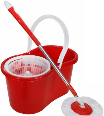 BRW Red 360°Spin Mop with Bucket System Extended Length Handle 5 Microfiber Mop Head Mop Set