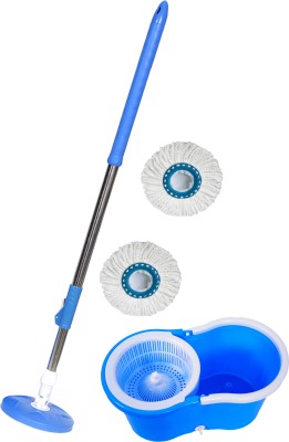 Qozent Mop Set with Bucket Mop - 360 Degree Self Spin Wringing (With 2 Refill) Wet & Dry Mop(Blue)