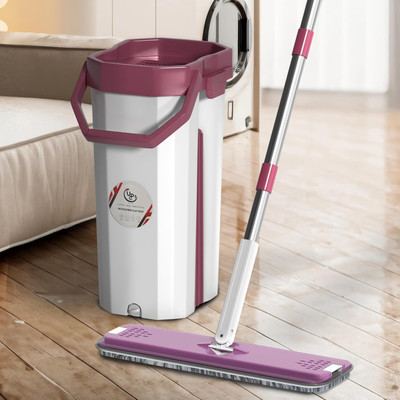 UPC Mop and Bucket with Wringer Set, Floor and Windows Type, 2 Microfiber Pads with Mop Set(Pink)