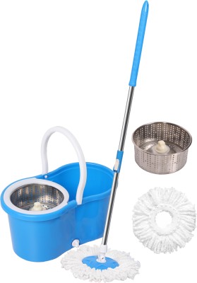 Qozent Premium Steel Magic Dry Bucket Mop - 360 Degree Self Spin Wringing With 2 Refill Mop Set(Multicolor)