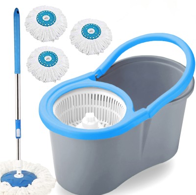 V-MOP Grey Steel Magic Dry Bucket Mop - 360 Degree Self Spin Wringing With 3 Super Absorbers for Home & Office Floor Mop Set