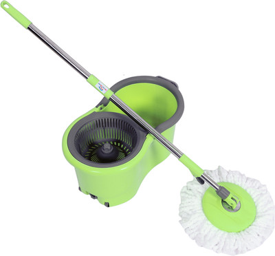 Heart Home Plastic Mopping Set & 2 Microfiber Head Refill With Wheels Bucket (Green) Head and Refill(Red)