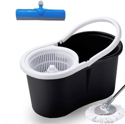 V-MOP Premium Black Plastic Dry Magic Spin Bucket Mop Set With 2 Microfiber Refills + FREE Floor Wiper (( 6 Months Warranty on Rod )) Wet & Dry Mop(Multicolor)