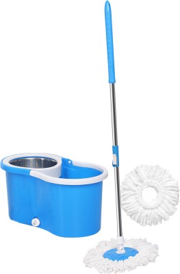 Qozent Premium Steel Mop Set with Bucket Mop - 360 Degree Self Spin With 2 Refill Mop Set(Blue)