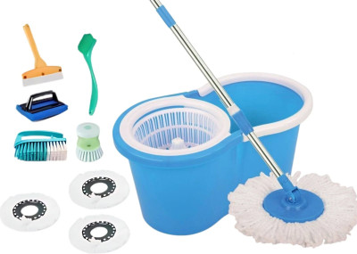 GUNWELL Bucket Mop - 360 Degree Self Spin Wringing with 4 Refill and 5 Accessories Mop Set