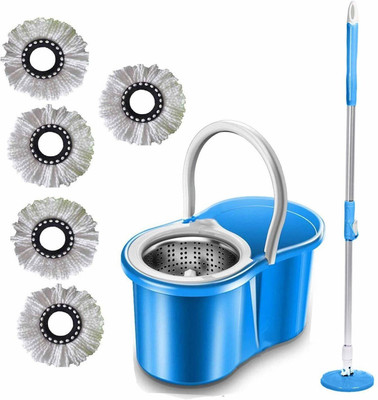 JSN Easy Magic Spin Floor Mop 360 Degree Bucket Mop with Steel Spinner 5 Refill Mop Set(Blue)