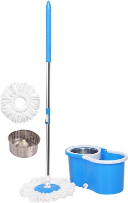 Qozent Premium Steel Dry Bucket Spin Mop- 360 Degree Self Spin Wringing With 2 Refill Mop Set(Green)