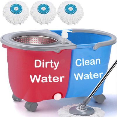 V-MOP Premium Jumbo Twin Bucket Mop with 3 Refils (Maroon,Steel) Mop Set(Multicolor)