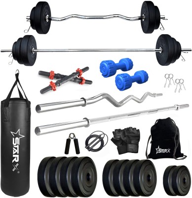 STARX 30 kg PVC with 3FT Curl and 5FT Straight Rod Unfilled Punching Bag & PVC Dumbbells Home Gym Combo