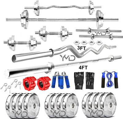 YMD 30 kg Steel Plates 2.5KGX4 5KGX4 3FT Curl & 4FT STRT 28mm Rod Clamp Home Gym Combo