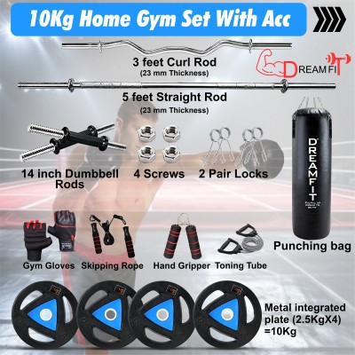 DreamFit 10 kg Metal Plates,3ft filled Punching Bag,23mm3ft curl,5ft straight&dumbbell rods&acc Home Gym Combo