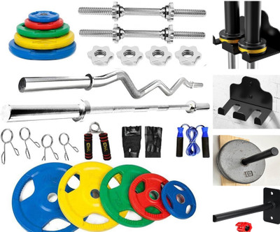 YMD 15 kg Premium Metal integrated Color Plates (2.5KGx6Pc) 3FT Curl 3FT Straight 28MM_ Home Gym Combo