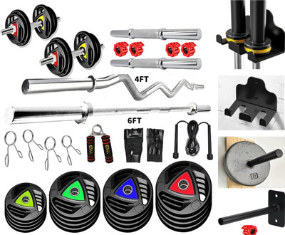 YMD 30 kg Premium Rubber Plates (2.5KGx4 5KGx4) 4FT Curl 6FT Straight 28MM Home Gym Combo