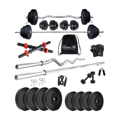 DreamFit 30 kg with 5 ft Straight Rod, 3 ft Curl Rod , pair of 2 kg pvc Dumbbells Home Gym Combo