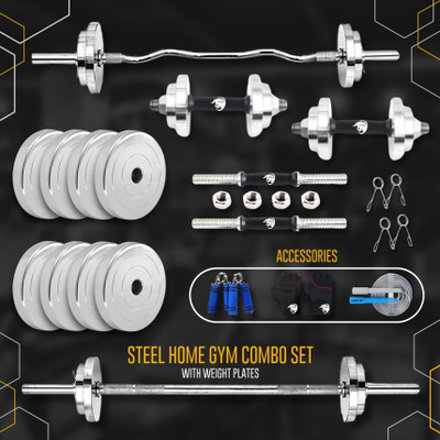 BULLAR 20 kg Steel Plates with 3Ft Curl, 5Ft Straight Rod (23mm) with 1 Pair Dumbbell Rods Home Gym Combo