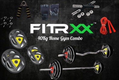 FITRXX 40 kg Metal Integrated Rubber Plates Set with Dumbbell rods, Curl rod, Straight rod Home Gym Combo