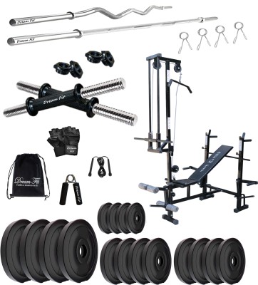 DreamFit 90 kg PVC plates, 20in1 bench, 3ft curl & 5ft straight rod, dumbbell rods &accessories Home Gym Combo