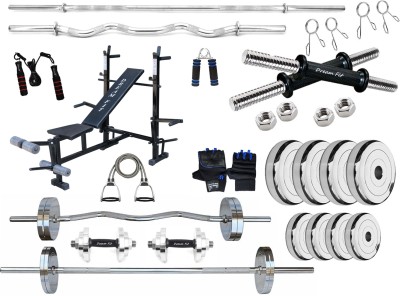 DreamFit 30 kg Steel plates, 8in1 bench, 23mm 3ft curl & 5ft straight rod, dumbbell rods & acc Home Gym Combo