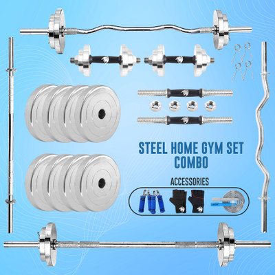 BULLAR 30 kg Steel Plates with 3Ft Curl, 5Ft Straight Rod (23mm) with 1 Pair Dumbbell Rods Home Gym Combo