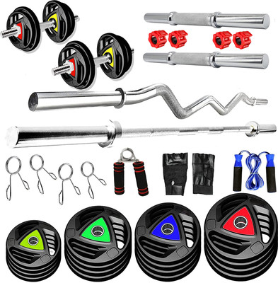 YMD 10 kg Premium Rubber Plates (2.5KGx4) 3FT Curl, 3FT STRT 28MM, Solid Rods & Clamp Home Gym Combo