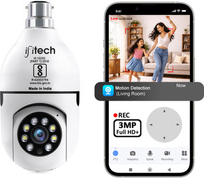 IFITech 3MP Full HD+ Bulb Camera | WiFi Pan/Tilt Indoor CCTV Wireless Camera | 360° Security Camera(256 GB, 1 Channel)