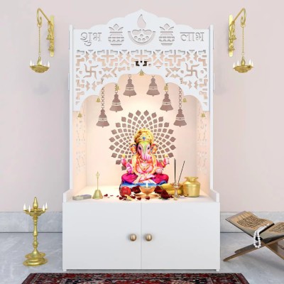 Homscape Divine Wooden Floor Temple with Spacious Shelf Inbuilt Focus Light White Solid Wood Home Temple(Height: 96, DIY(Do-It-Yourself))