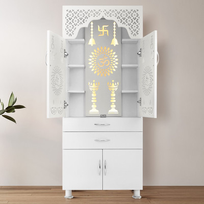 Old Wolf Furniture Big Size Designer Wooden Temple With LED Light, Tray & Drawer Storage Engineered Wood Home Temple(Height: 145, Pre-assembled)