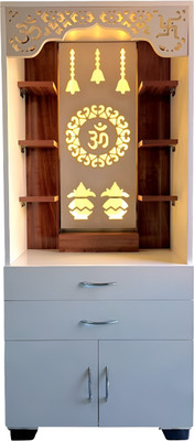 The Wooden Factory Designer Wooden pooja Mandir with LED Backlight/ Om Symbol and Kalash Design Engineered Wood Home Temple(Height: 143, Pre-assembled)