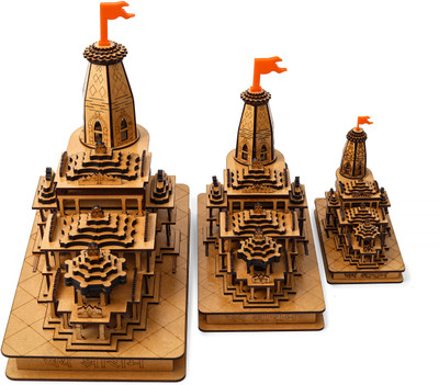DECOLASE Ram Mandir Ayodhya 3D Model Wooden Hand Carved Temple with Adapter for Light Engineered Wood Home Temple(Height: 21, Pre-assembled)