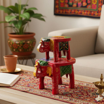 Bhavya ArtAndCraft Traditional Indian Folk Art Elephant Stools | Nesting Stools (Set of 2) Solid Wood Home Temple(Height: 16, Pre-assembled)