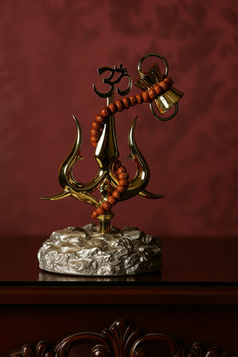 suman store Trishul, Damru, and Om design symbolizes divine energy Decorative Showpiece  -  10 cm(Marble, Metal, Gold, White)
