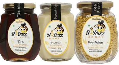 bbuzz Tulsi Honey, Mustard Honey, and Bee Pollen (500gmx2) (100gmx1)(3 x 166.67 g)