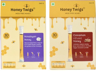 HONEY TWIGS Himalayan Multi Floral Honey and Cinnamon Honey, 480g(240g + 240g - 60 Twigs)(2 x 240 g)