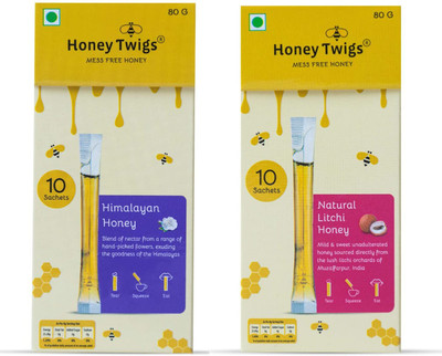HONEY TWIGS Natural & Pure Honey - Himalayan Honey and Litchi Honey Combo, 160g(20 Sachets)(2 x 80 g)