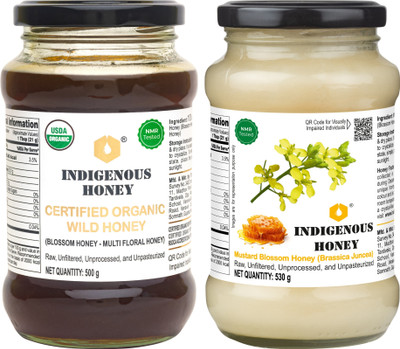 INDIGENOUS HONEY Raw Organic Wild Honey with Pure Natural Crystalized Honey combo pack(2 x 530 g)