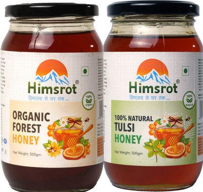 Himsrot Organic Wild Raw Honey With Tulsi Honey Without Sugar Combo Pack(1000 g)