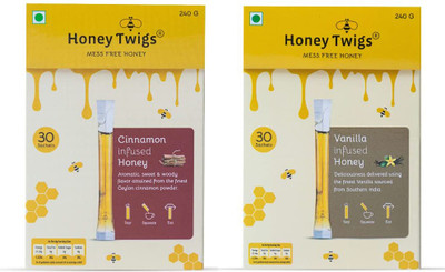 HONEY TWIGS Natural & Pure Honey - Cinnamon Honey and Vanilla Honey Combo, 480g (60 Sachets)(2 x 240 g)