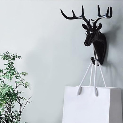 JAMBUVANTI Deer Head Hanging Hook, Wall Door Hook Hanger Bag Keys Sticky Holder Black Hook Eye(Pack of 1)