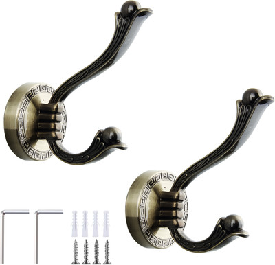 ELEPHANTBOAT Vintage Wall Hooks Set of 2 Dual Hook Metal Embossed Utility Hangers for Home Swivel Hook 2(Pack of 2)