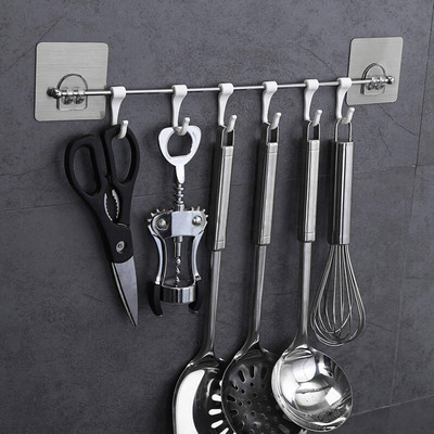 Jiyan Enterprise Self-Adhesive Stainless Steel Rod with 6 Hooks | Kitchen & Bathroom Hanger Hook Rail 1(Pack of 1)