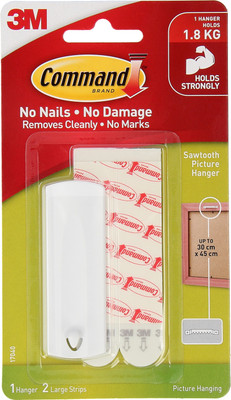 Command 3M Saw Tooth Plastic Picture Hanger,Holds upto 1.8kg, 1 hanger, 2 strips Hook 1(Pack of 1)