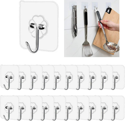 MSDECOR Wall Adhesive Hooks for Hanging Clear Sticky- Stainless Steel Hook without Nails Hook 20(Pack of 20)
