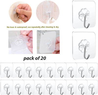 Asharya Sticky Hooks, (20) Reusable Removable Adhesive Hooks for Hanging, Wall Hooks Hook 20(Pack of 20)